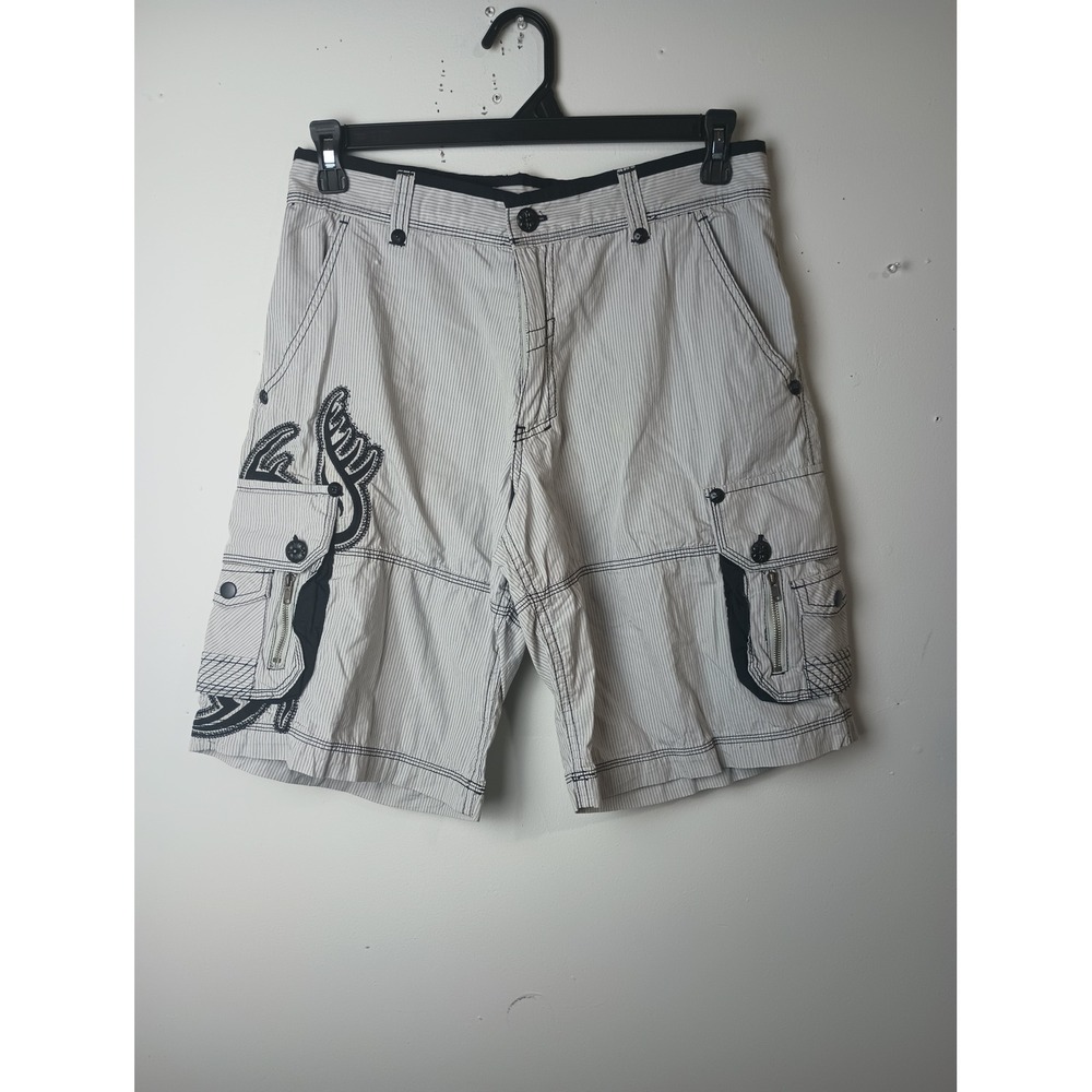Route 66 Mens Cargo Shorts 32 Pinstripe Y2K Embroidered Streetwear White Black